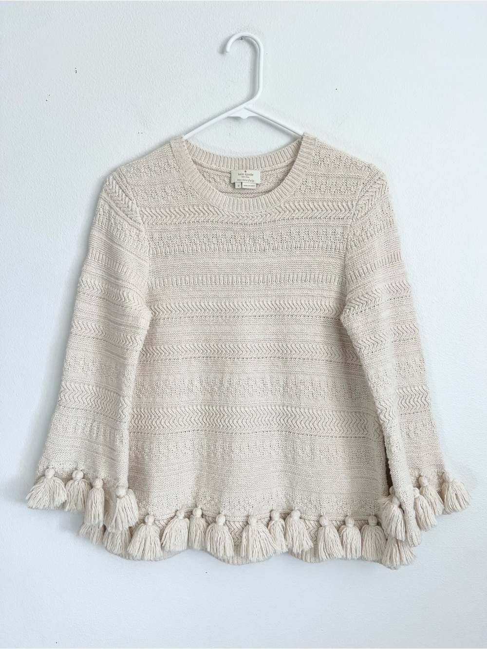 Kate Spade Tassel Hem Sweater Women’s Small Cotton Pullover Boho Knit Fringe